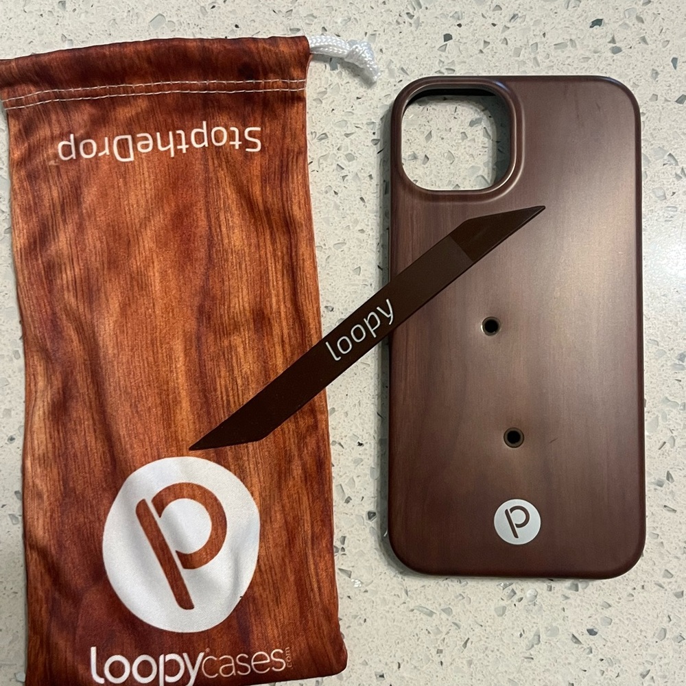 iPhone 13 Loopy Phone case Brown/Wood like with Matching Brown Strap and Pouch